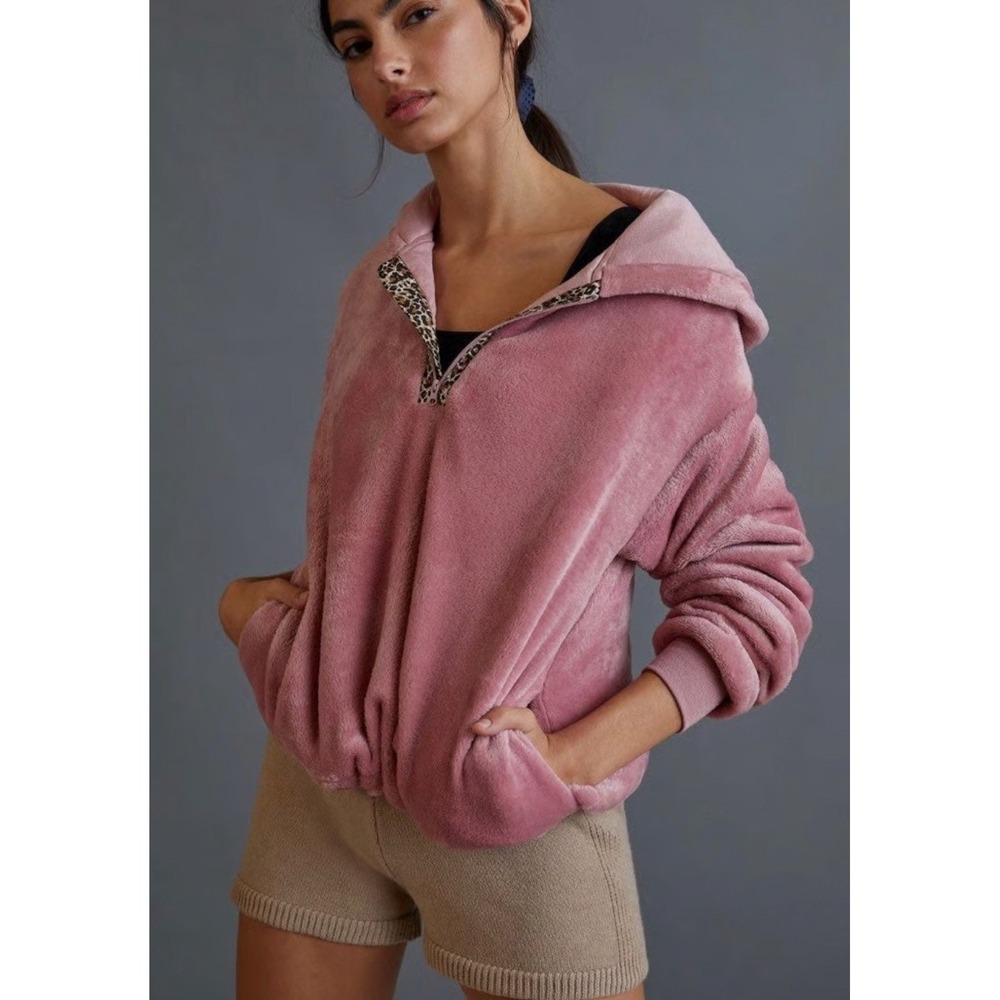 Sunday Brooklyn Anthro Kelyn Sweater Hoodie‎ Zip SMALL Pink Velour Leopard Trim